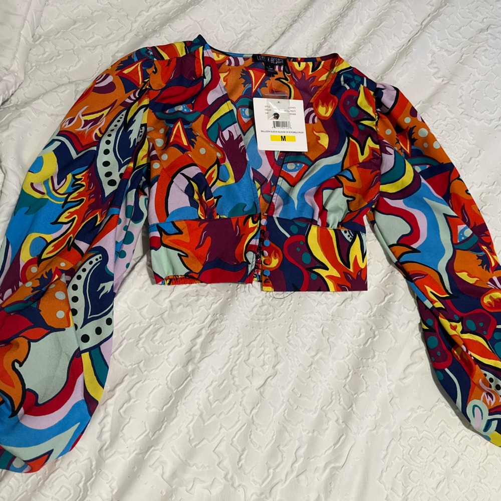 MULTICOLORED CROP BLOUSE WITH BALLOON SLEEVES